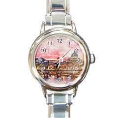 City Buildings Bridge Water River Round Italian Charm Watch by Pakrebo