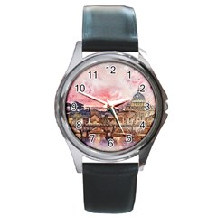 City Buildings Bridge Water River Round Metal Watch by Pakrebo