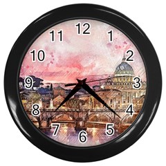 City Buildings Bridge Water River Wall Clock (black)