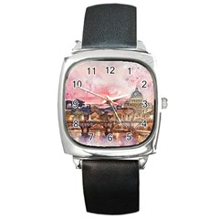 City Buildings Bridge Water River Square Metal Watch by Pakrebo