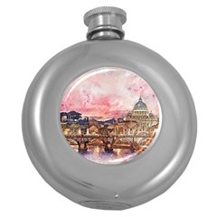 City Buildings Bridge Water River Round Hip Flask (5 Oz) by Pakrebo