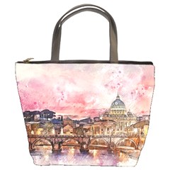 City Buildings Bridge Water River Bucket Bag by Pakrebo