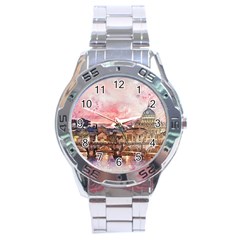 City Buildings Bridge Water River Stainless Steel Analogue Watch by Pakrebo