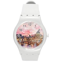 City Buildings Bridge Water River Round Plastic Sport Watch (m) by Pakrebo