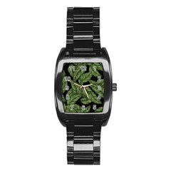 Leaves Pattern Tropical Green Stainless Steel Barrel Watch by Pakrebo