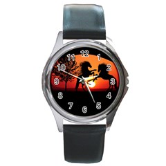 Sunset Horses Shadow Round Metal Watch by Bajindul