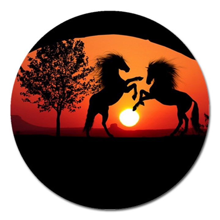 Sunset Horses Shadow Magnet 5  (Round)