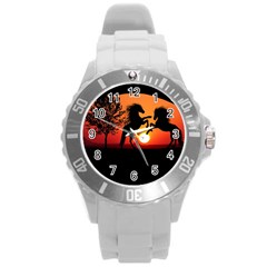 Sunset Horses Shadow Round Plastic Sport Watch (l) by Bajindul