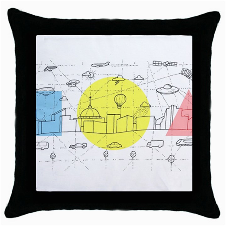 Urban City Skyline Sketch Throw Pillow Case (Black)