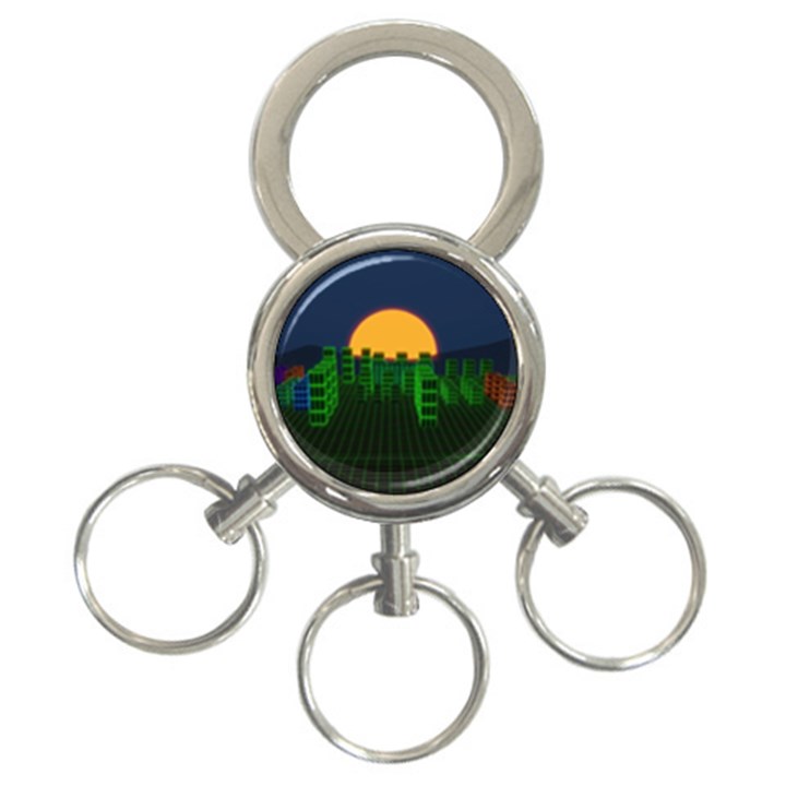 Neon City Retro Grid 80s 3-Ring Key Chain