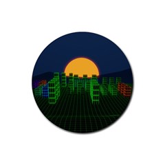 Neon City Retro Grid 80s Rubber Coaster (round)  by Pakrebo