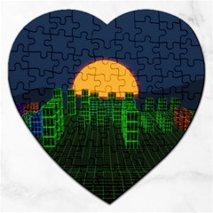 Neon City Retro Grid 80s Jigsaw Puzzle (heart) by Pakrebo