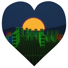 Neon City Retro Grid 80s Wooden Puzzle Heart by Pakrebo