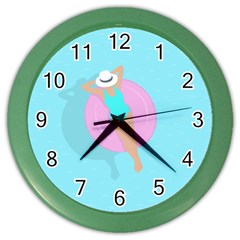 Lady In The Pool Color Wall Clock by Valentinaart