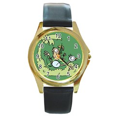 Ostrich Jungle Monkey Plants Round Gold Metal Watch by Bajindul