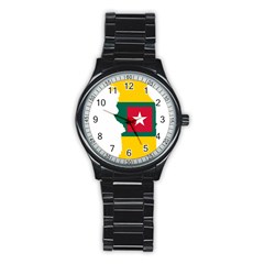 Togo Flag Map Geography Outline Stainless Steel Round Watch by Sapixe