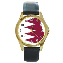 Borders Country Flag Geography Map Qatar Round Gold Metal Watch