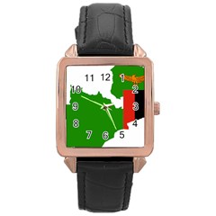 Zambia Flag Map Geography Outline Rose Gold Leather Watch  by Sapixe