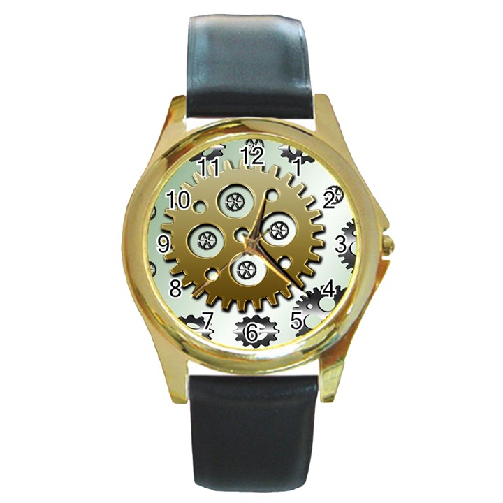 Gear Background Sprocket Round Gold Metal Watch