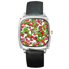 Cherry Leaf Fruit Summer Square Metal Watch