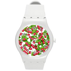 Cherry Leaf Fruit Summer Round Plastic Sport Watch (m) by Mariart