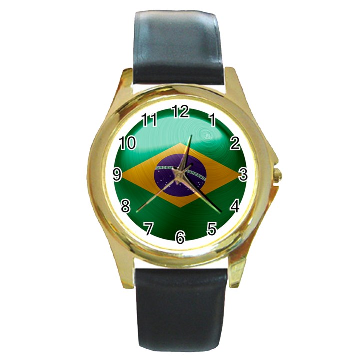 Brazil Flag Country Symbol Round Gold Metal Watch