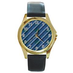 Blue Stripped Pattern Round Gold Metal Watch by designsbyamerianna