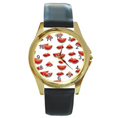 Summer Watermelon Pattern Round Gold Metal Watch by Pakrebo