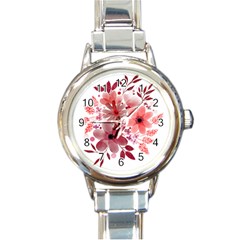 Watercolour Flowers Red Watercolor Round Italian Charm Watch by Pakrebo