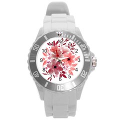 Watercolour Flowers Red Watercolor Round Plastic Sport Watch (l) by Pakrebo