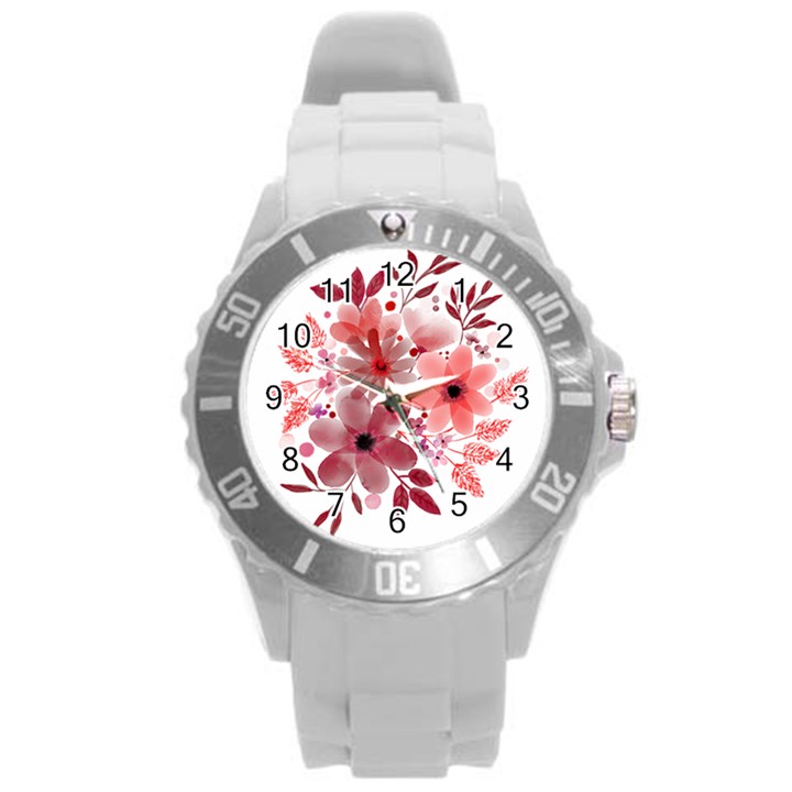 Watercolour Flowers Red Watercolor Round Plastic Sport Watch (L)