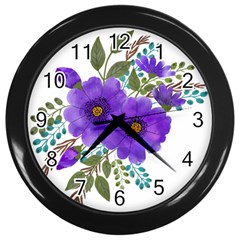 Watercolour Flowers Spring Floral Wall Clock (black)