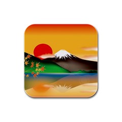 Mount Fuji Japan Lake Sun Sunset Rubber Square Coaster (4 Pack)  by Pakrebo