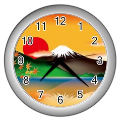 Mount Fuji Japan Lake Sun Sunset Wall Clock (silver) by Pakrebo