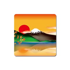 Mount Fuji Japan Lake Sun Sunset Square Magnet by Pakrebo