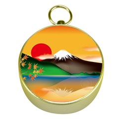 Mount Fuji Japan Lake Sun Sunset Gold Compasses by Pakrebo