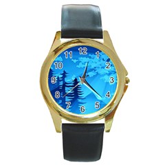 Forest Landscape Pine Trees Forest Round Gold Metal Watch by Pakrebo