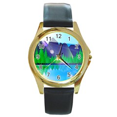 Forest Landscape Pine Trees Forest Round Gold Metal Watch by Pakrebo