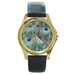 Peacock Feather Pattern Plumage Round Gold Metal Watch by Pakrebo