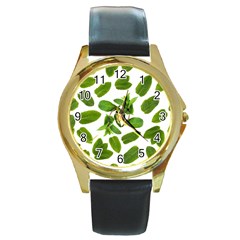 Mint Seamless Pattern Leaf Green Round Gold Metal Watch by Pakrebo