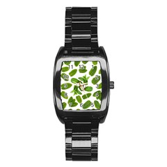 Mint Seamless Pattern Leaf Green Stainless Steel Barrel Watch by Pakrebo