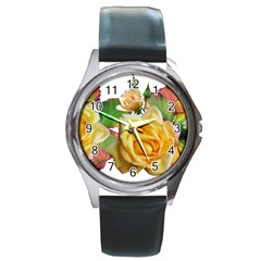 Flowers Roses Autumn Leaves Round Metal Watch by Pakrebo