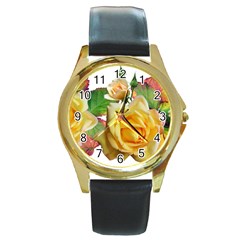 Flowers Roses Autumn Leaves Round Gold Metal Watch by Pakrebo