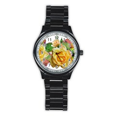 Flowers Roses Autumn Leaves Stainless Steel Round Watch by Pakrebo