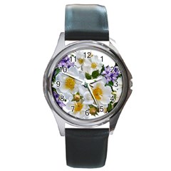 Flowers Roses White Mauve Babianas Round Metal Watch