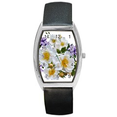 Flowers Roses White Mauve Babianas Barrel Style Metal Watch