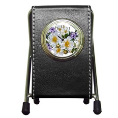 Flowers Roses White Mauve Babianas Pen Holder Desk Clock