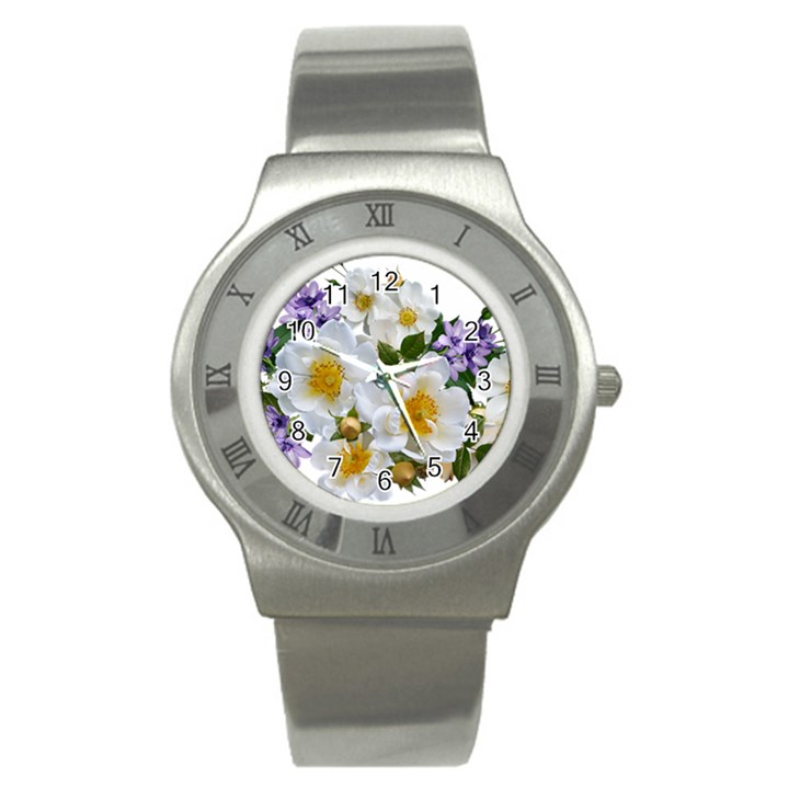 Flowers Roses White Mauve Babianas Stainless Steel Watch