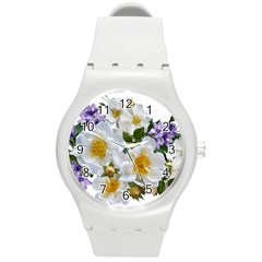 Flowers Roses White Mauve Babianas Round Plastic Sport Watch (M)