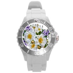 Flowers Roses White Mauve Babianas Round Plastic Sport Watch (L)